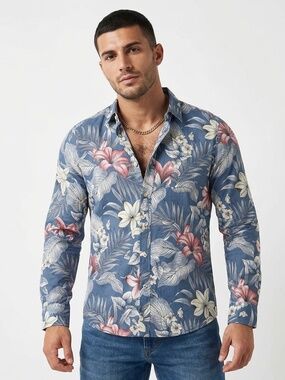 Spainsh Brand | Macson | Men's Blue Tropical Floral Long Sleeve Shirt - Large